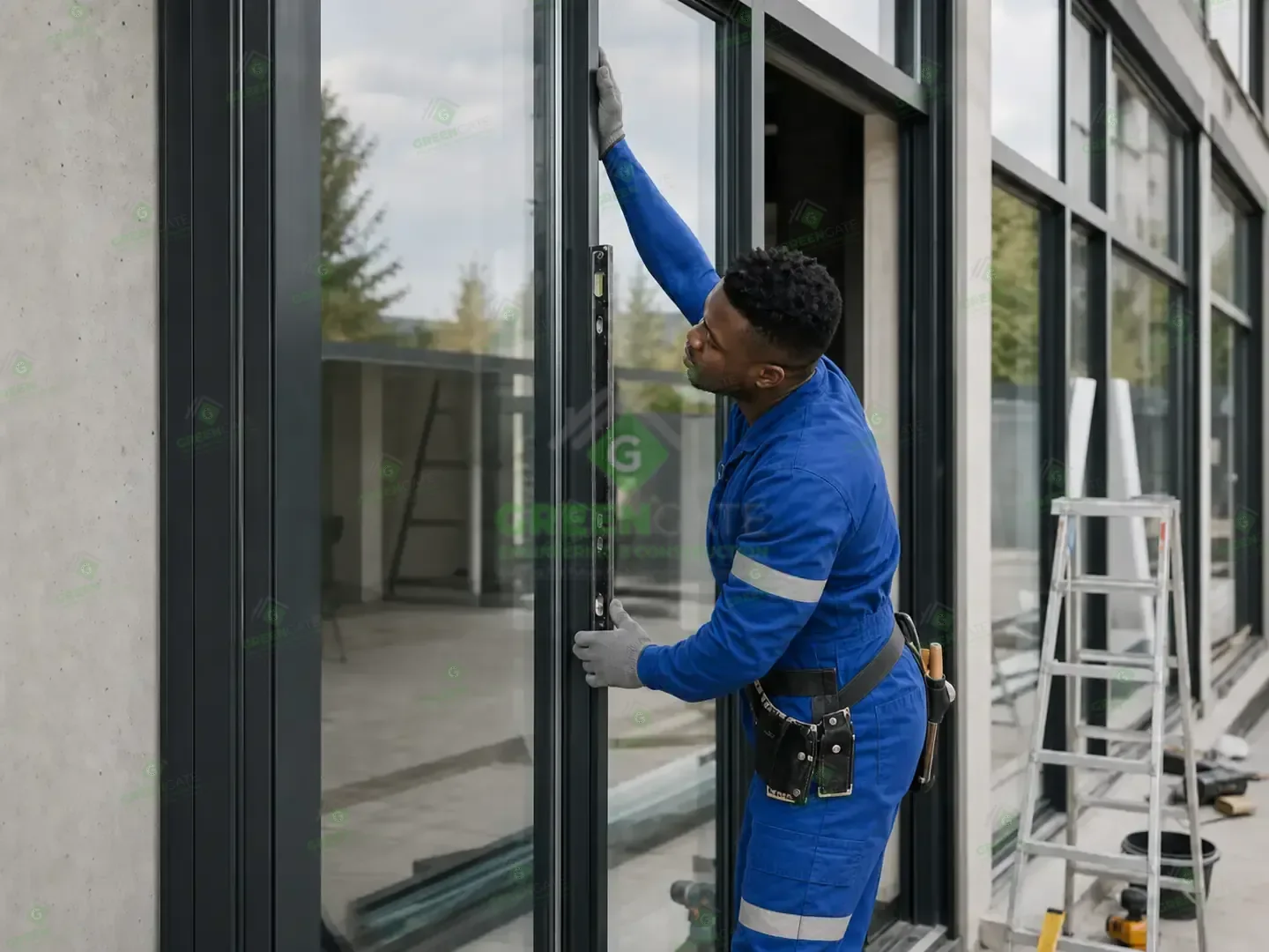 Installer aligning a modern aluminium-framed glazed opening