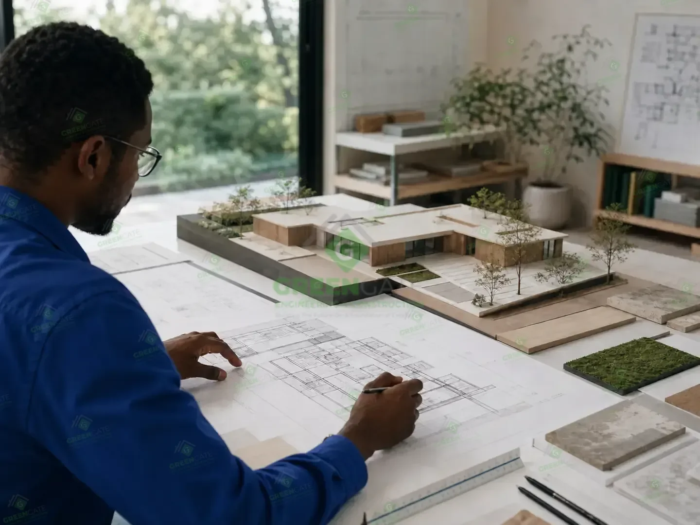 Architect reviewing coordinated plans and a physical building model